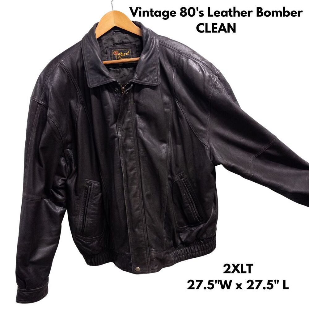 Vintage 1980s Leather Bomber Jacket 2XT Black Brown USA Big Tall Reed Sportswear